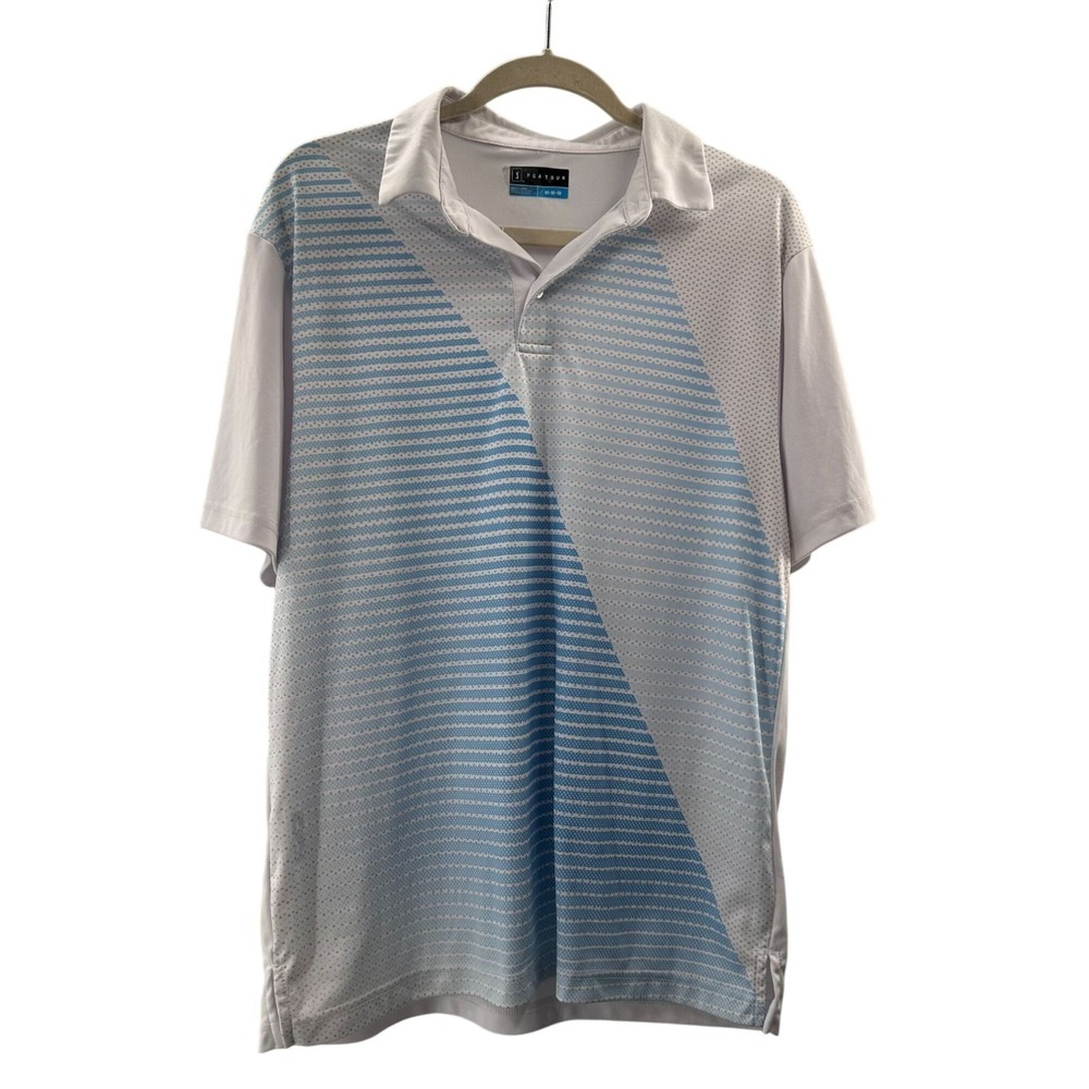 PGA Tour Mens Polo Shirt M Blue White Gradient Striped Performance Golf Top‎